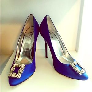 Royal blue satin heels with bedazzled toe